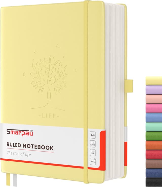 Detalle de Smarpau A4 Notebook (320 Pages) Thick Hardcover with Sticky Notes & Inner Pocket – Yellow