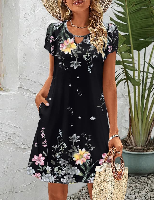Detalle de HOTOUCH Women’s Casual A-Line Dress with Pockets (Floral T-Shirt Dress, Short Sleeve Mini Sundress)
