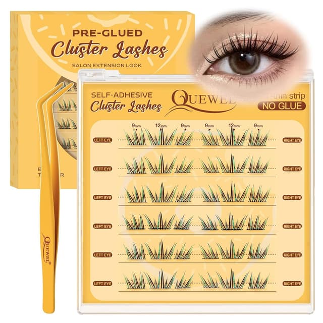 Detalle de QUEWEL Selbstklebende Wimpern mit Pinzette (36 Stück), 9–12 mm Cluster Lashes – natürliches Lash-Set ohne Kleber (ZZBP-02)