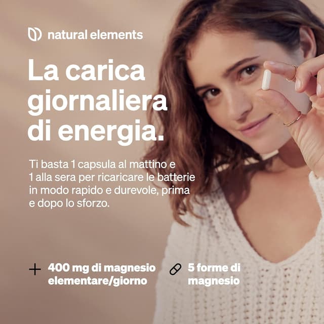 Detalle 2 de Natural Elements Magnesio Completo – 400 mg di magnesio elementare al giorno, 5 forme (180 capsule), vegano