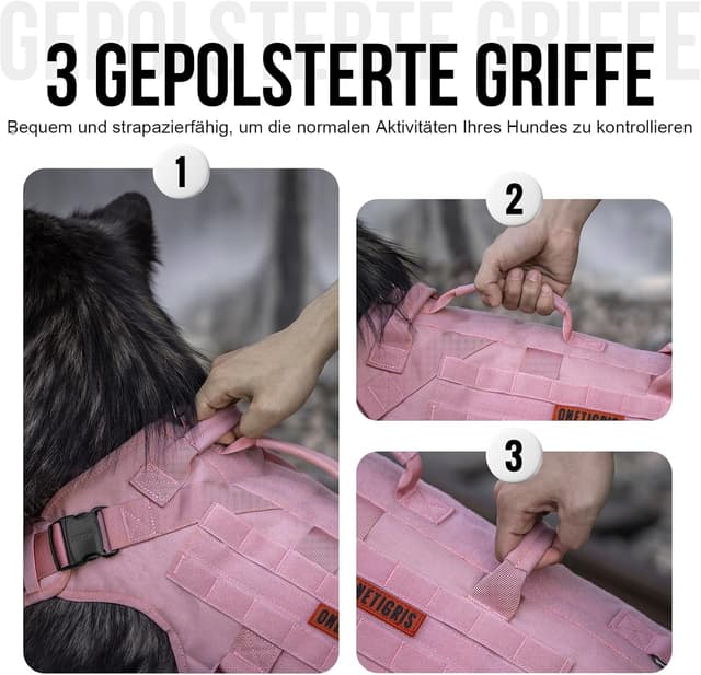 Detalle 2 de OneTigris Harnais pour chien X Destroyer Tactical réglable anti-traction, anti-fugue avec 3 poignées, 2 boucles en métal (rose, XL)