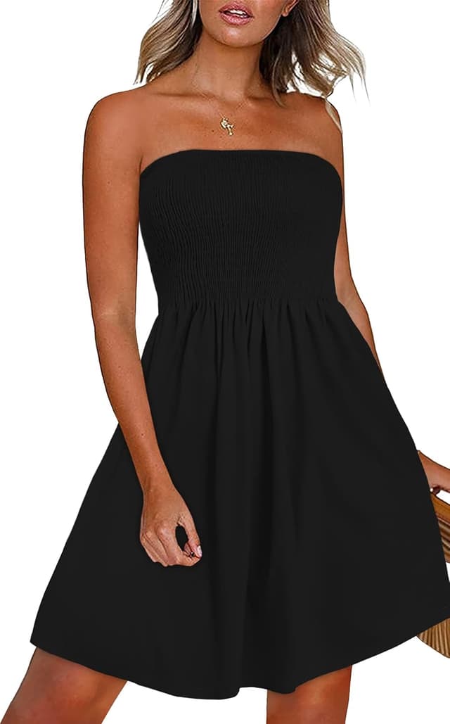 Detalle de Gosunny Damen Sommerkleid schulterfrei (Bandeau) aus Polyester/Elasthan – ärmelloses Freizeitkleid für Strand & Urlaub
