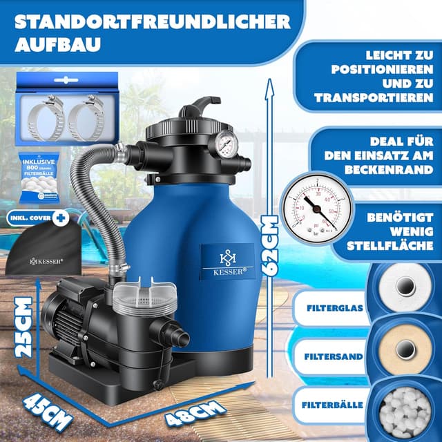 Detalle 2 de KESSER® Sandfilteranlage mit 7-Wege-Ventil, Druckanzeige und Wettercover – Filterleistung bis 10 m³/h