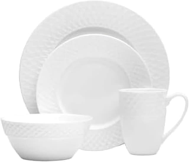 Detalle de Mikasa Trellis 16-Piece Bone China Dinnerware Set in White (Plates, Bowls, and Mugs)