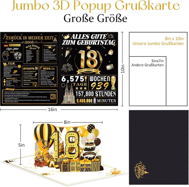 Detalle de OLOSONG Geburtstagskarte zum 18. Geburtstag als 3D Pop-Up Karte mit Umschlag