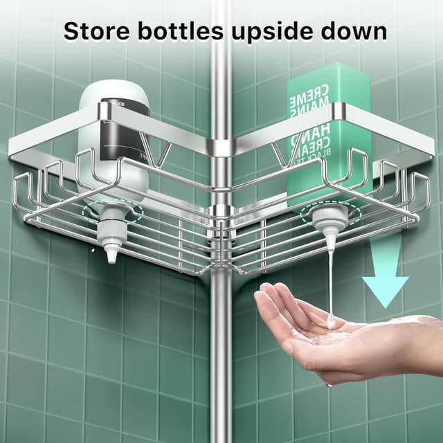 Detalle de Cooeco Corner Shower Caddy with 4 Baskets (height adjustable telescopic pole, no-drill, rustproof)