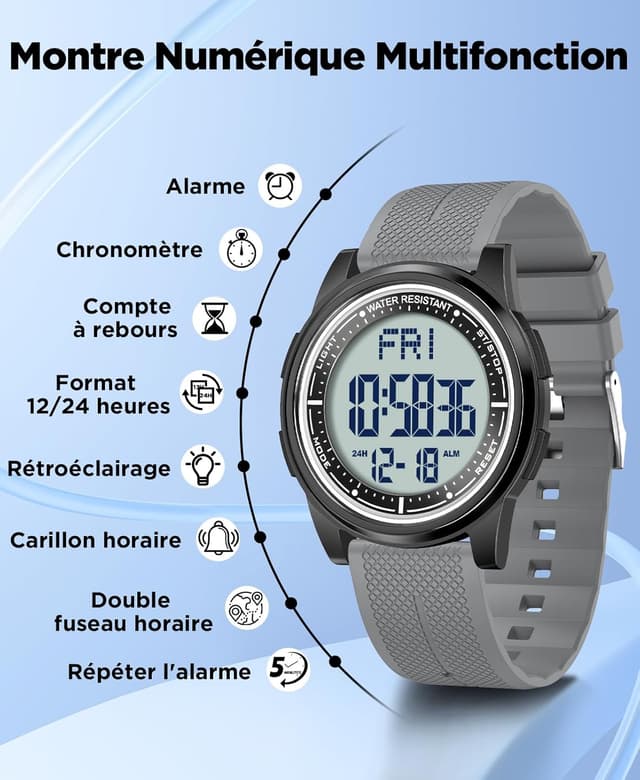 Detalle 2 de WIFORT Montre digitale étanche hommes/femmes avec chronomètre, alarme et affichage grand angle