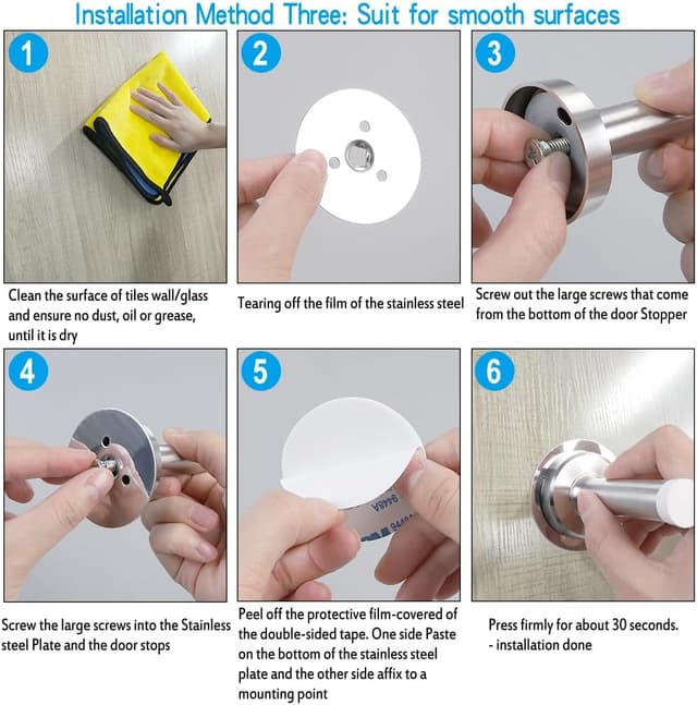 Detalle 1 de Chrome heavy-duty wall mounted door stop set (stainless steel, white rubber) – 6 pack