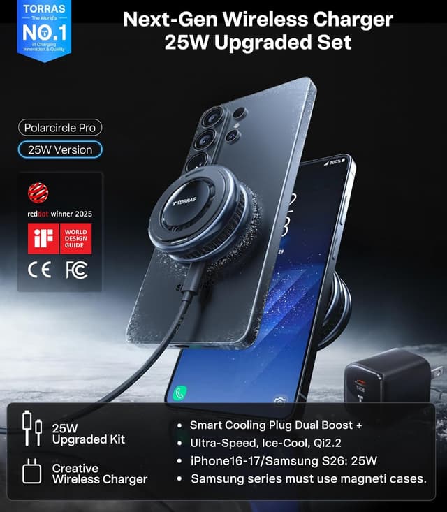 Detalle de Torras PolarCircle Qi2.2 Wireless Charger (PolarCircle Pro) with 360° Stand and 25W Cooling