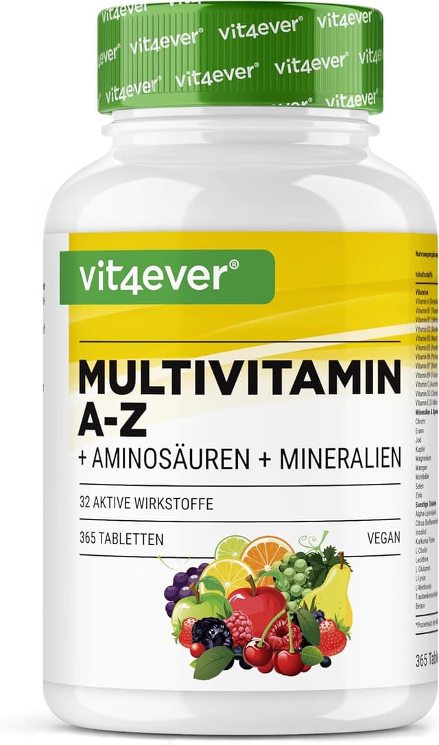 Detalle de Multivitamin A-Z - 365 Tabletten (12 Monate) - 32 aktive Inhaltsstoffe - Kombination aus Mineralien + Aminosäuren + Spurenelementen + Pflanzenextrakten - Vegan - Hochdosiert
Multivitamin A-Z - 365 Tabletten (12 Monate) - 3…