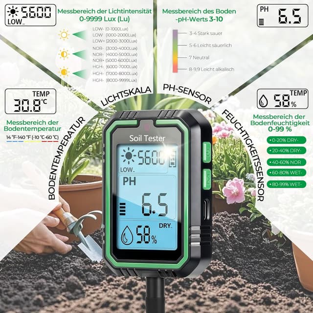Detalle 1 de Rhein-B Feuchtigkeitsmessgerät 4-in-1 mit pH