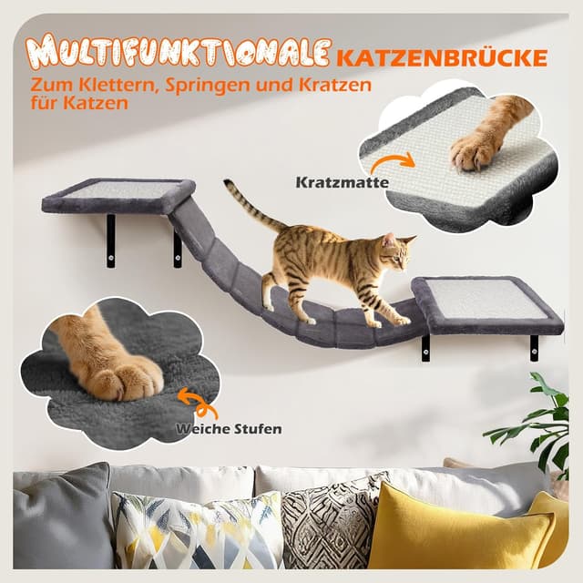 Detalle 2 de Thihome Katzen-Kletterwand Set (10-teilig) mit Hängebrücke, Kratzbrettern und Schlafhöhle