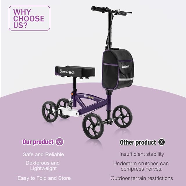 Detalle de BlessReach Steerable Knee Walker Deluxe Medical Scooter (Purple) for Foot Injuries