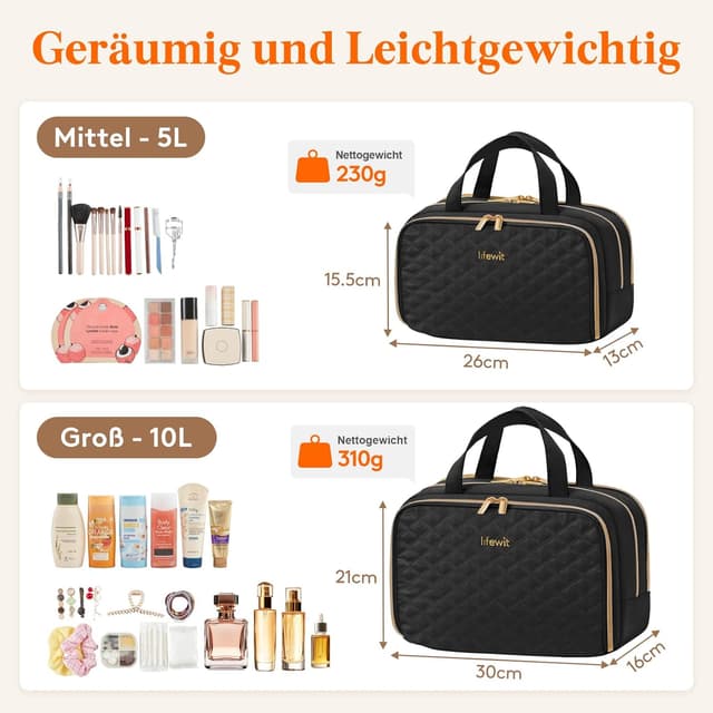 Detalle de Lifewit Reise-Kulturtasche für Damen (5,2 l) – wasserabweisender Kulturbeutel mit Nassfach, Organizer und Aufhängefunktion, Schwarz