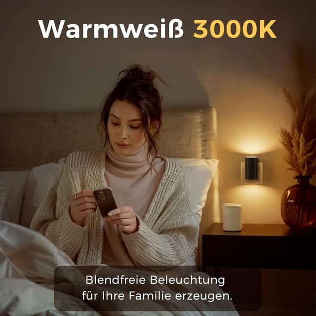 Detalle de LOHAS-LED Nachtlicht Steckdose mit Dämmerungssensor, dimmbar (0–100 lm), 3000K warmweiß, schwarz