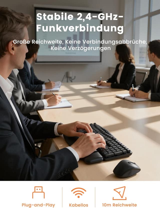 Detalle 2 de SABLUTE Kabelloses Tastatur-und-Maus-Set (Wave-Tasten) mit leisen 30 dB, ergonomischer Handballenauflage und Dual-System-Schalter für Windows/Mac