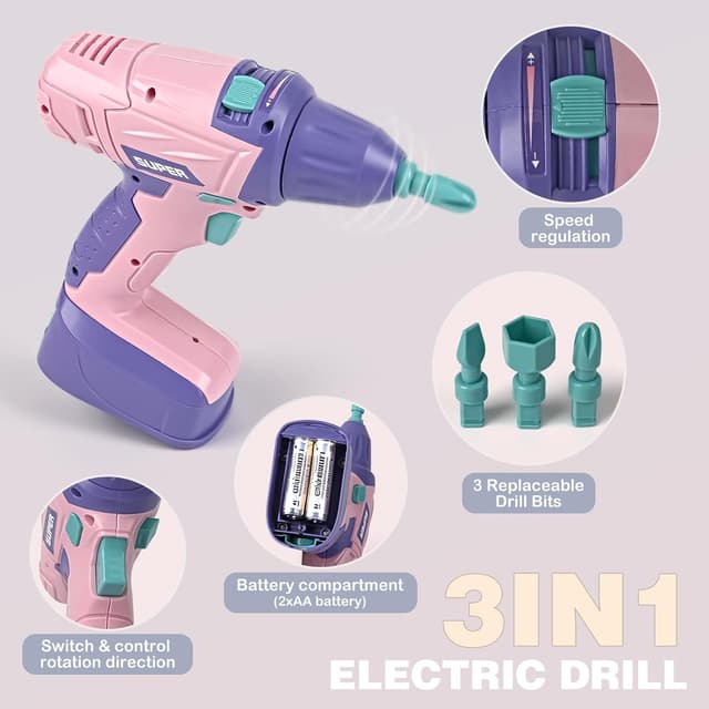 Detalle 2 de Vanplay Kids Tool Set 52-piece pretend play tools kit with drill belt & toolbox (pink)