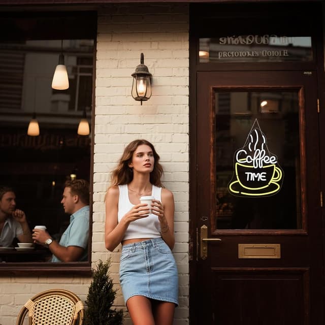 Detalle de SIGNSHIP „Coffee Time“ Neon-Schild mit LED-Lichtstreifen für Wanddeko im Café