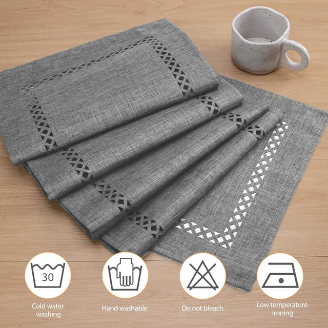 Detalle de BAZIOE modern grey linen table runner with openwork pattern