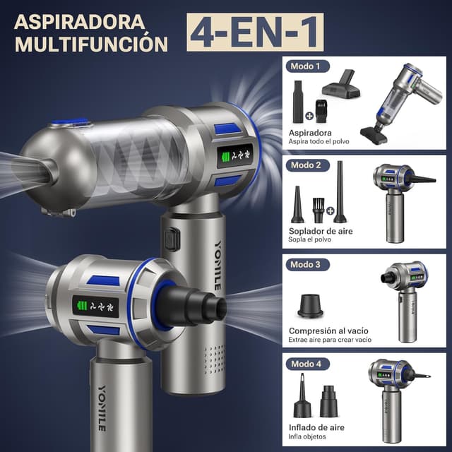 Detalle de Yomile Aspirabriciole Senza Fili 4 in 1 AD10 (27000PA) per auto: aspirazione, soffiaggio e gonfiaggio