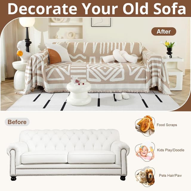 Detalle 2 de Royhom housse de canapé d’angle 4 places en chenille kaki (180x380 cm) avec glands décoratifs