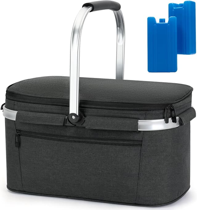 Detalle de ALLCAMP Groß faltbare isolierte Kühltasche mit Picknickkorb-Einsatz – Thermo-Einkaufskorb für 2 Personen