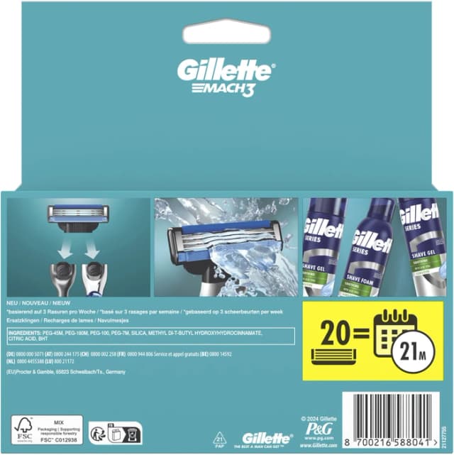 Detalle de Gillette Mach3 Ersatzklingen (20 Stück) – für saubere Rasur mit Mach3 Rasierern