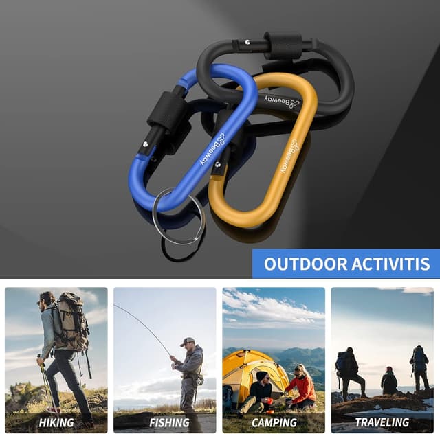 Thumbnail 6 de BEEWAY Locking Carabiner (Premium Aluminium Alloy D-Ring) – 3 Pack Key Chain Clip Hooks