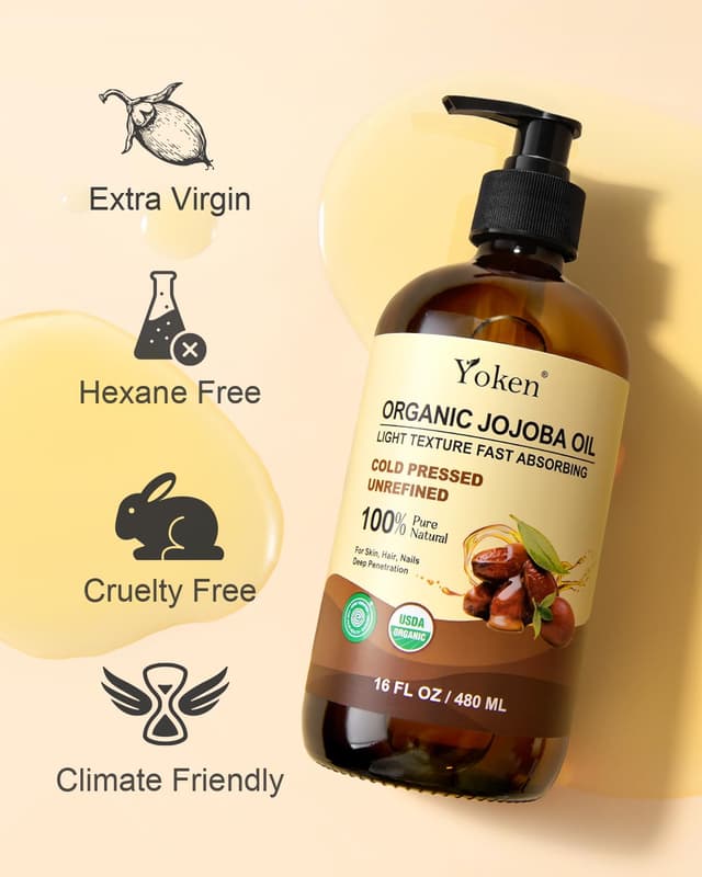 Detalle 2 de Yoken Organic Jojoba Oil (USDA Certified) — 16 fl oz Cold-Pressed, Unrefined, Hexane-Free