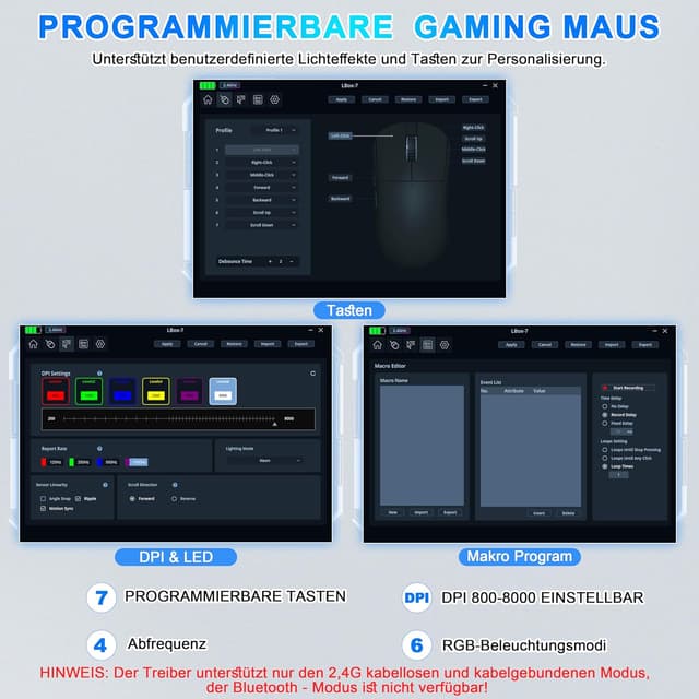 Detalle de Azmall 3-Modus kabellose Gaming-Maus (BT 5.3/2,4 GHz/USB‑C) – 8.000 DPI, 7 Tasten, RGB, Jiggler