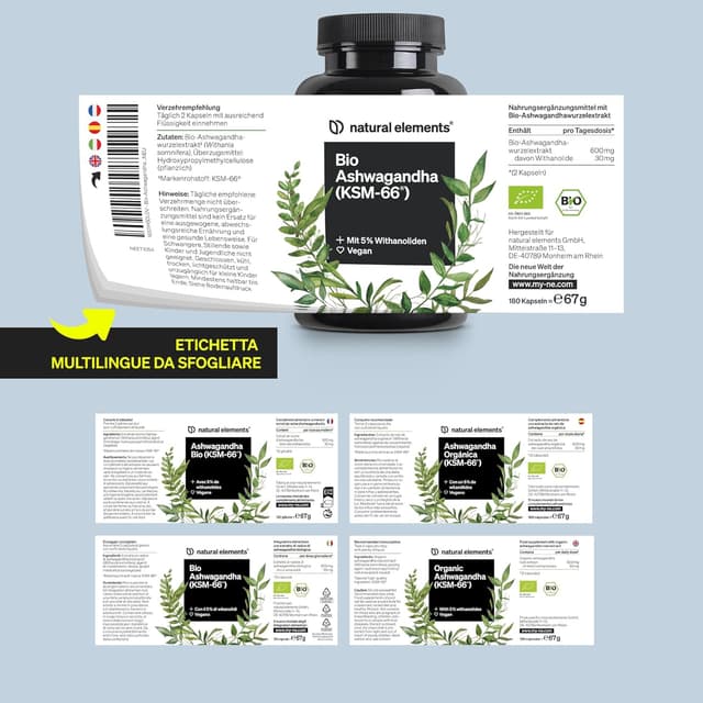 Detalle 2 de Bio Ashwagandha KSM-66 ad alto dosaggio Natural Elements – 180 capsule