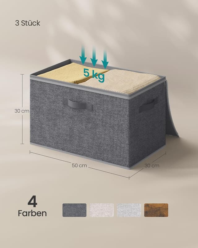 Detalle 2 de SONGMICS Aufbewahrungsbox mit Deckel (faltbare Stoffbox) – 3er Set, schiefergrau, 50 x 30 x 30 cm