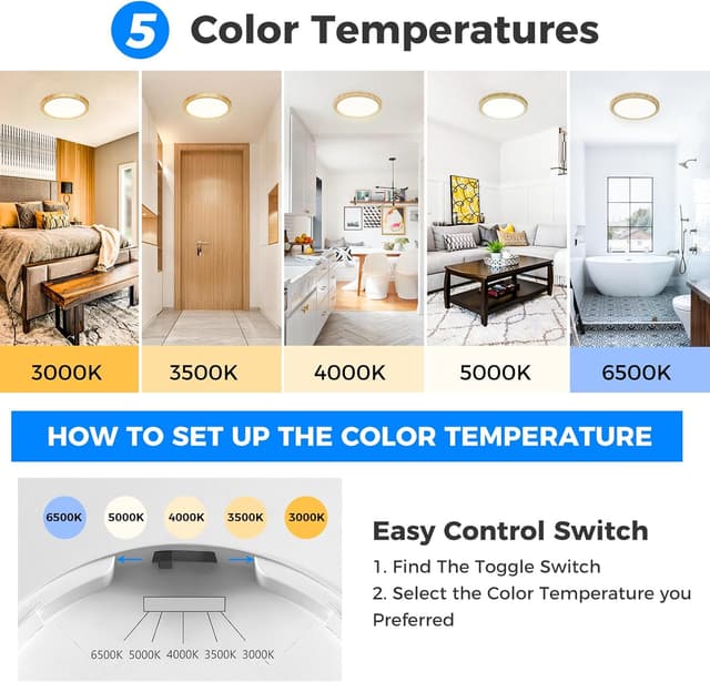 Detalle de Peasur LED-Deckenlampe flach 5-Farbtemperaturen (3000–6500 K), IP54, 18 W, rund