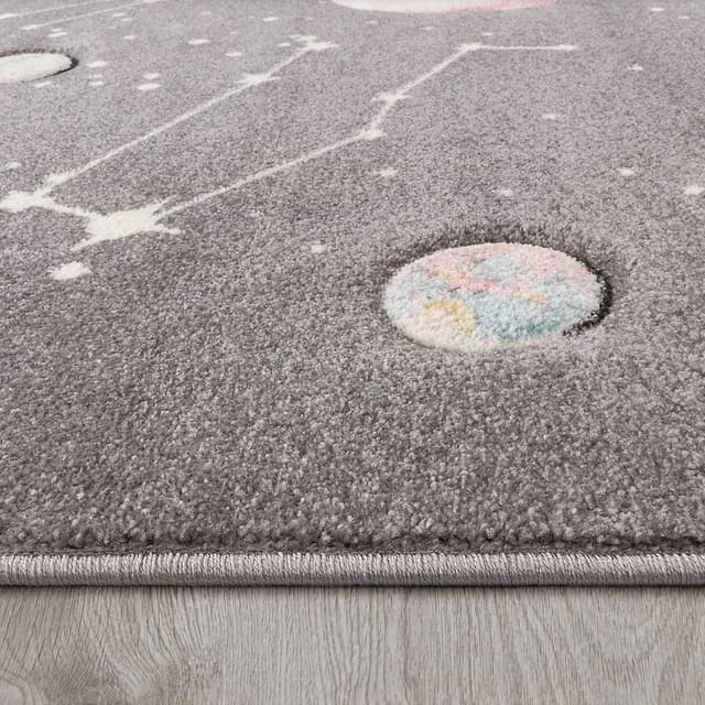 Detalle de Paco Home Kinder-Teppich 140x200 cm – Spielteppich mit Planeten und Sternen in Grau
