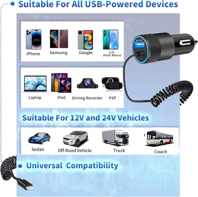 Thumbnail 6 de Caiinei MFi Certified 4.8A Dual USB Car Charger with 6FT Coiled Lightning Cable