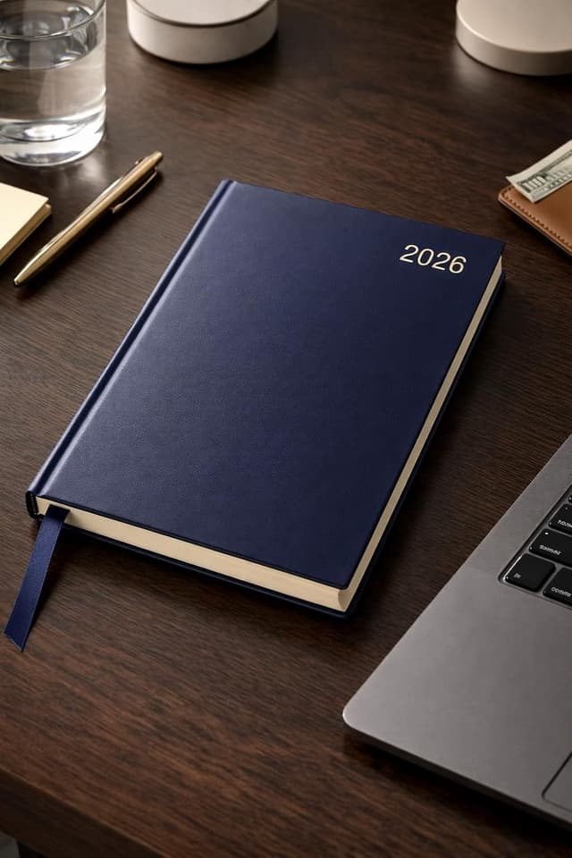 Detalle de Top Sale A4 2026 Day-Per-Page Diary with Hardcover Casebound Cover (Navy) and Weekend Pages