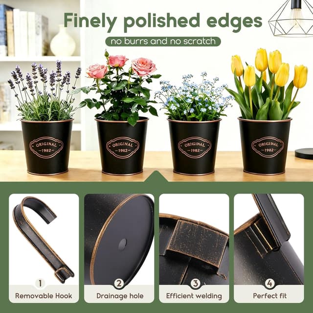 Detalle de CITÉTOILE 4er Set Hängetöpfe aus Metall mit Drainageloch – Vintage-Balkonblumentöpfe zum Aufhängen