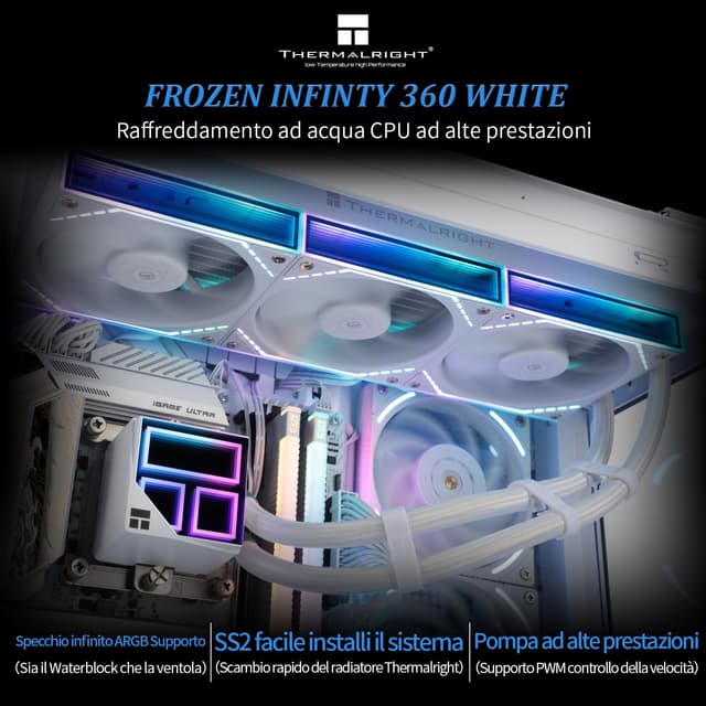 Detalle 2 de TR Frozen Infinity 360 White – AIO raffreddamento CPU con ventole triple PWM fino a 2000 rpm, compatibile AM4/AM5 e Intel LGA