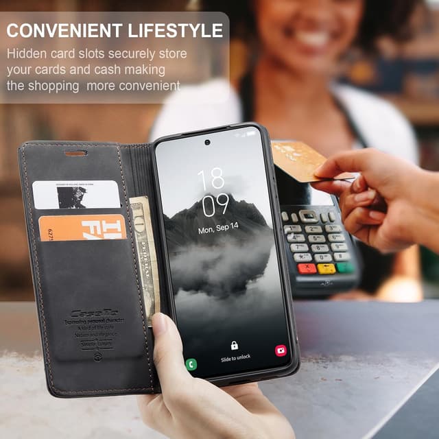 Detalle 2 de Cracedily Handyhülle für Samsung Galaxy S24 FE 5G – Klapp-Flip-Case mit Kartenfach, Magnet und Standfunktion, Schwarz