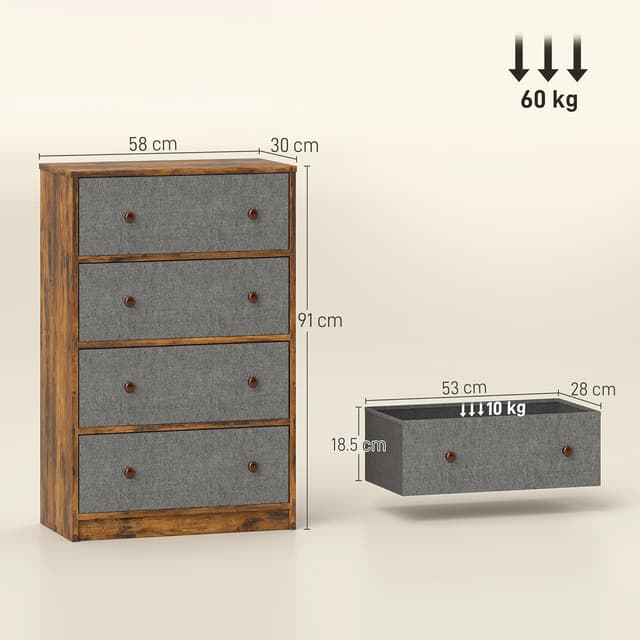 Thumbnail 6 de HOMCOM 4-Drawer Fabric Chest of Drawers with Steel Frame (Grey & Rustic Brown)