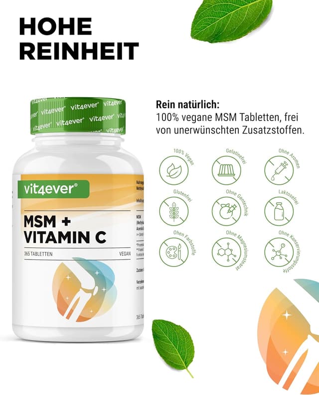 Detalle de vit4ever MSM 2000 mg mit Vitamin C aus Acerola – 365 Tabletten (6-Monatsvorrat, vegan, laborgeprüft)