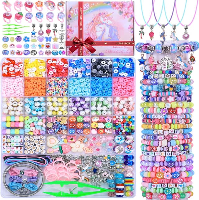 Detalle de AIPRIDY 3200-Piece Girls Bracelet Making Kit (Unicorn/Mermaid Clay Beads), DIY Jewelry Craft Set for Ages 5–12