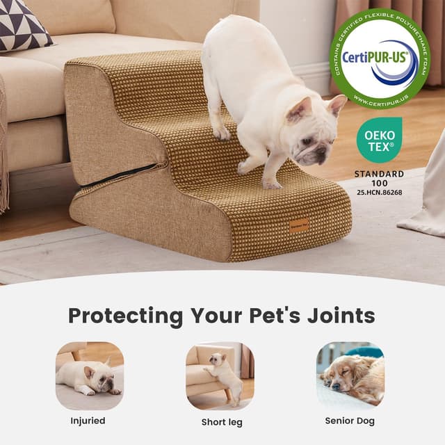 Detalle de Gardner Pet Hundetreppe für kleine Hunde (35/42 cm) – 3 Stufen mit hochdichtem Schaumstoff & rutschfester, abnehmbarer Hülle