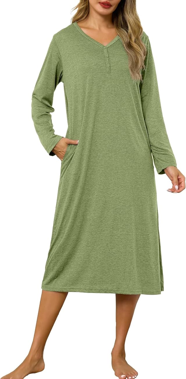Lovasy long-sleeve cotton nightdress with pockets – soft women’s nightshirt nightwear