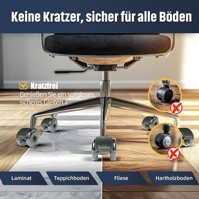 Detalle de Sytopia Bürostuhl Rollen 70 mm, 5er-Set (Stift 11×22 mm) für Hartböden, Parkett & Teppich – leise, weich und bodenschonend, schwarz