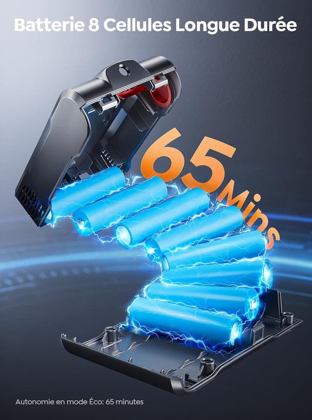 Detalle de SMOTURE VAC01 Aspirateur balai sans fil 600 W, succion 50 KPa, écran tactile et brosse matelas