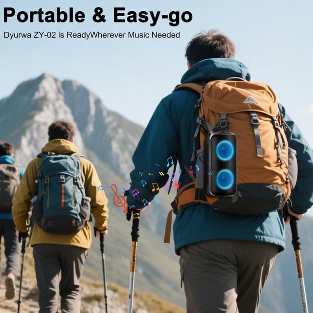 Detalle de Dyurwa Portable Bluetooth Speaker (24W Stereo Sound, Bluetooth 5.3, IPX6, 12H playtime) with RGB lights and built-in mic