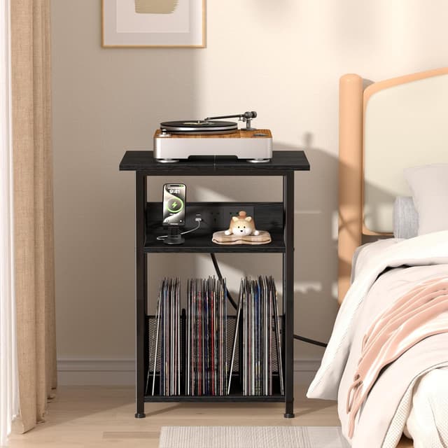 Detalle de AMHANCIBLE HETCD012BK-1 Record Player Stand with Charging Station (3-tier bedside table)