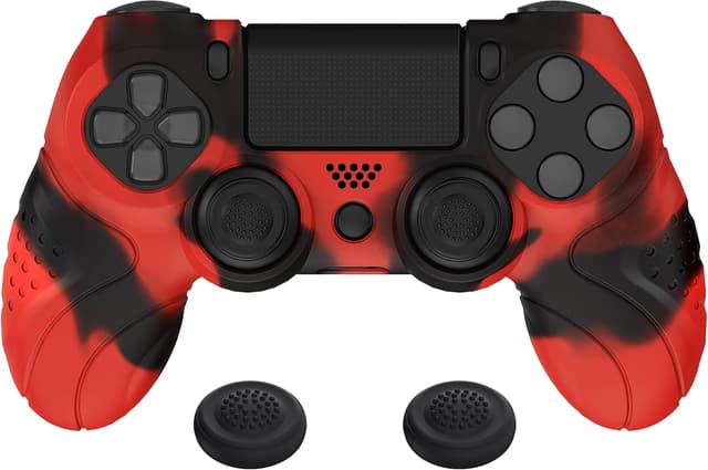 Detalle de PlayVital Guardian Edition ergonomic soft silicone case cover for PS4 Slim/Pro controller (Red & Black) with thumb grip caps