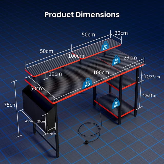 Detalle 2 de DOMSHOCT gaming desk with LED lights, power outlets and reversible layout (100×50cm, carbon fibre black)